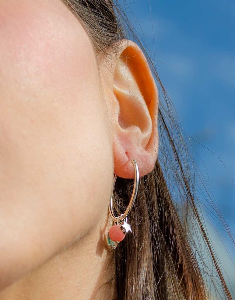 Pendientes aro minerales estrellas plata rosa