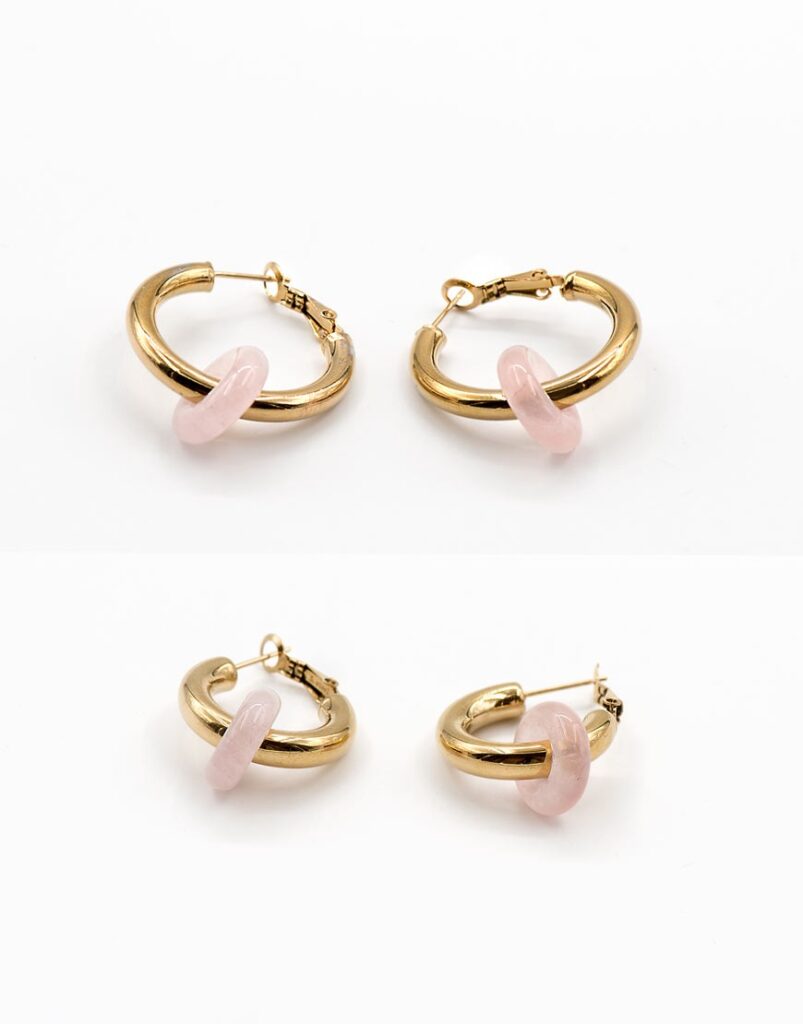 Pendientes acero aros minerales cuarzo rosa