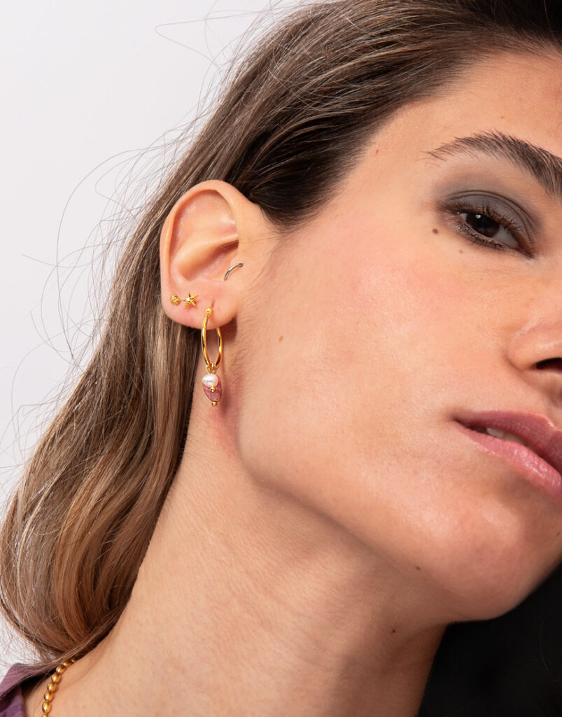 pendientes aro rodocrosita y perla frontal