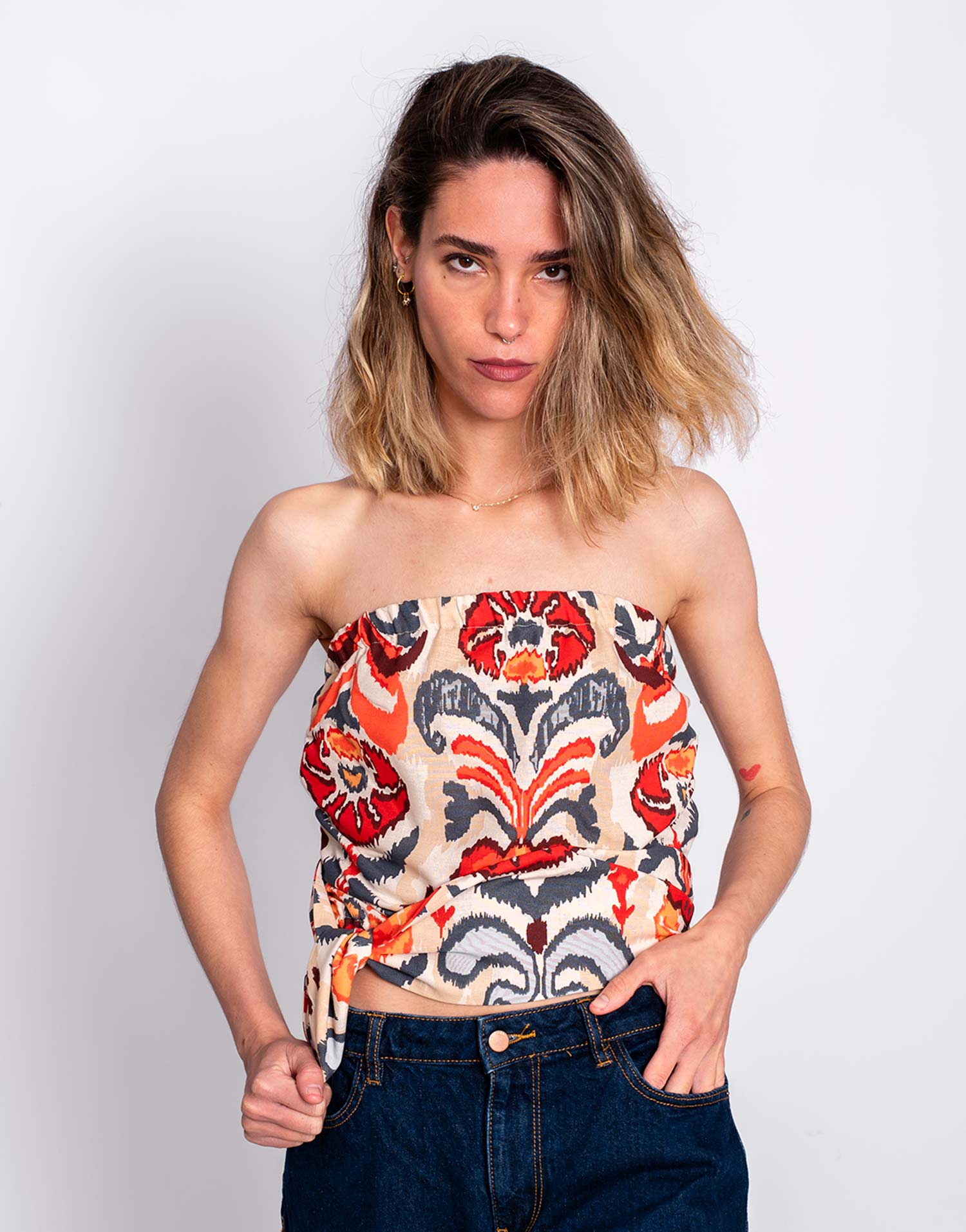 Top Bandeau Estampado Étnico Coral