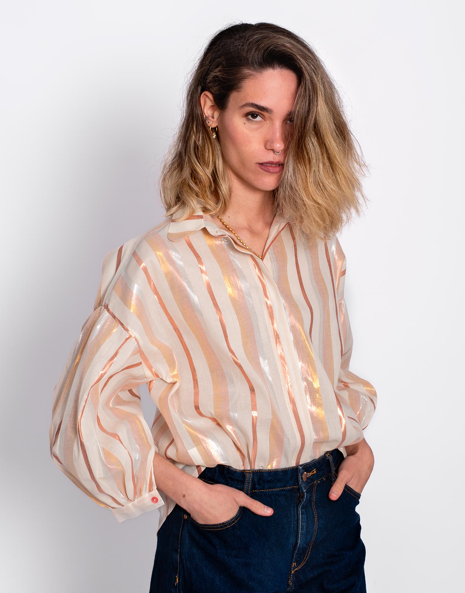 Camisa Luminosa de Rayas Cobre