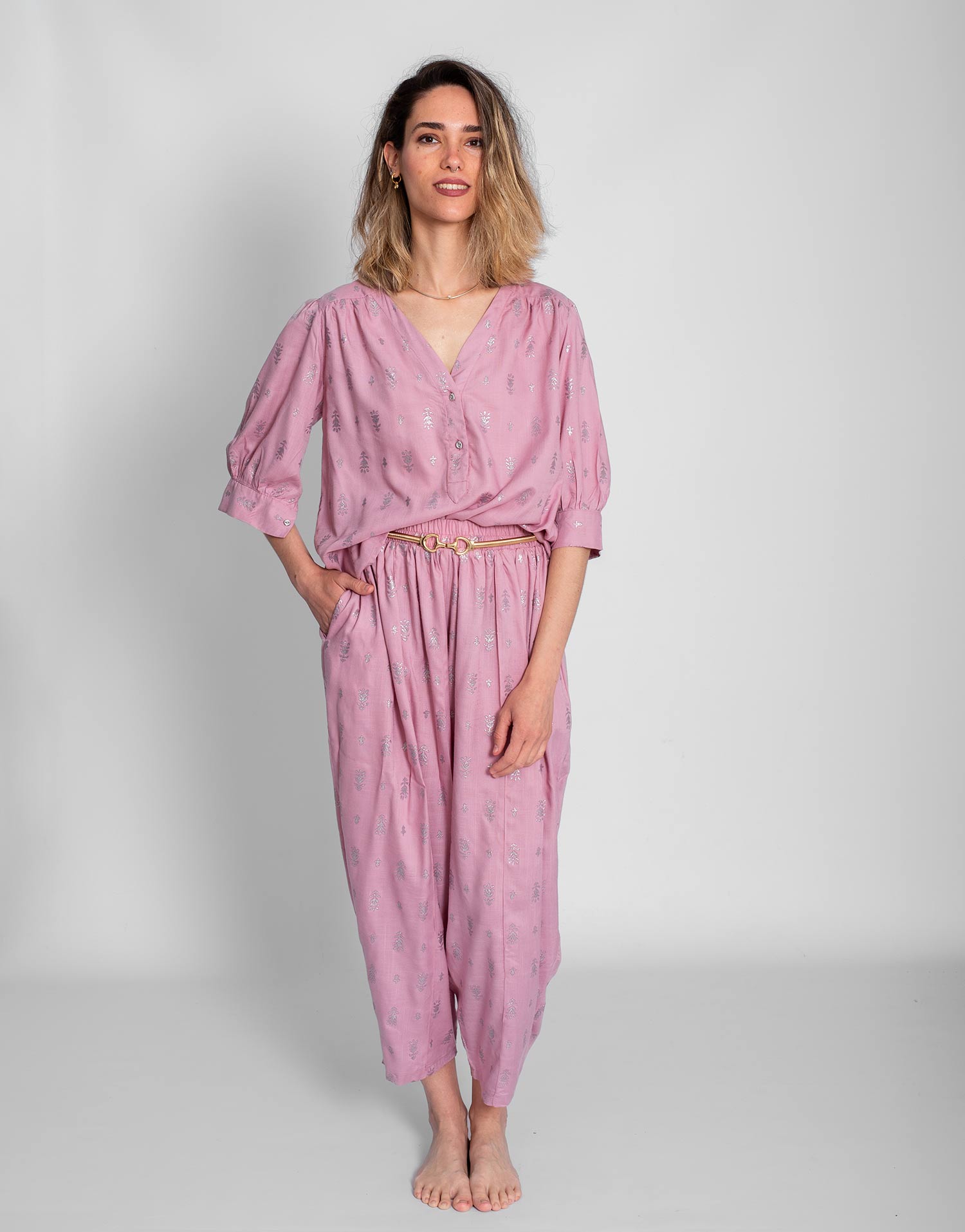Pantalón Malva Estampado Plata