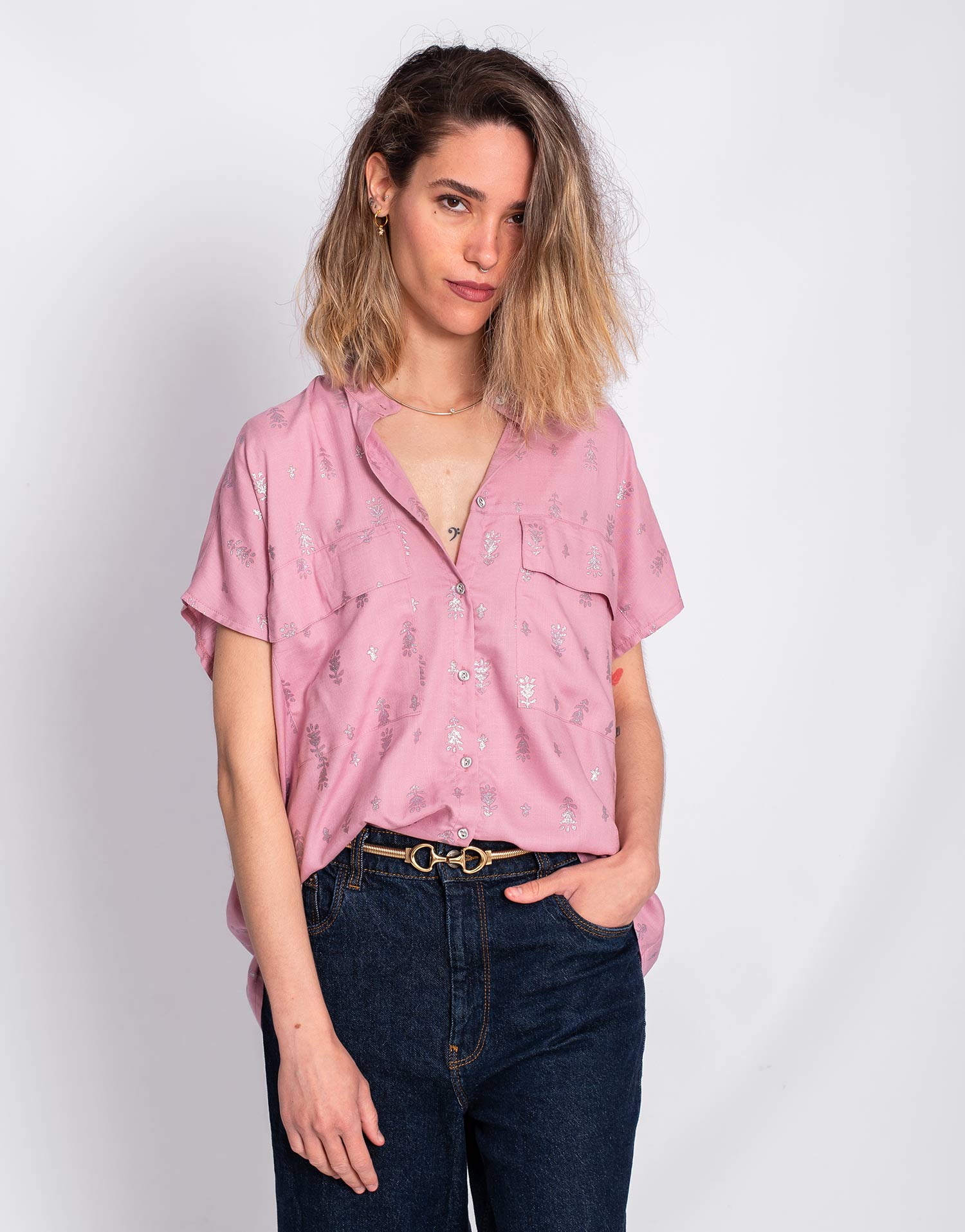 Blusa Manga Corta Malva Estampado Plata