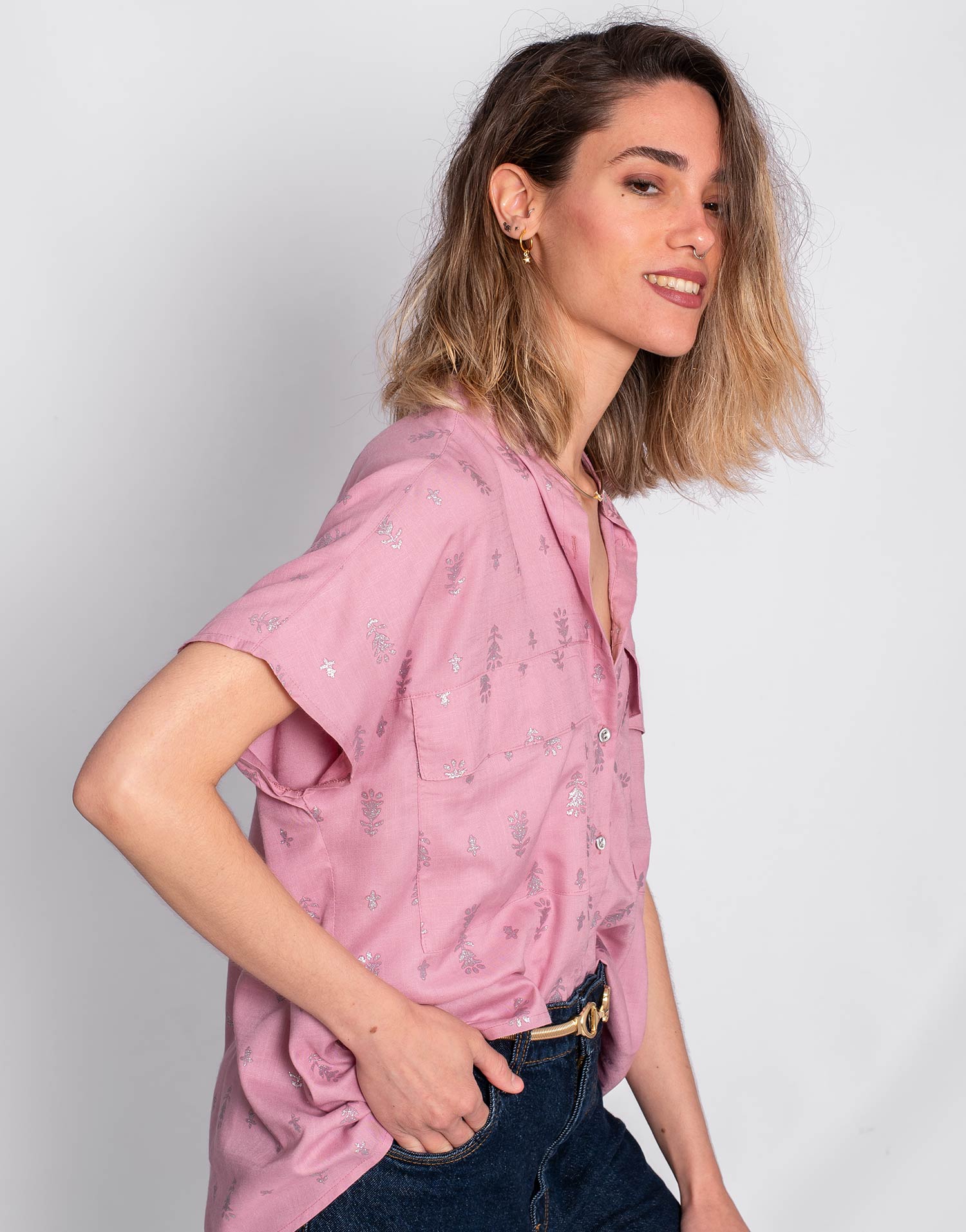 Blusa Manga Corta Malva Estampado Plata - Imagen 5