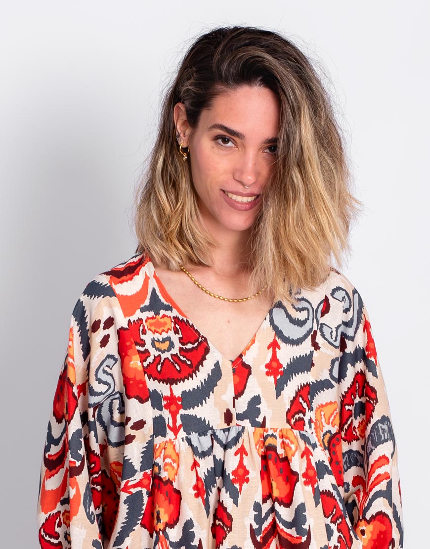 Vestido Estampado Étnico Coral - Imagen 2
