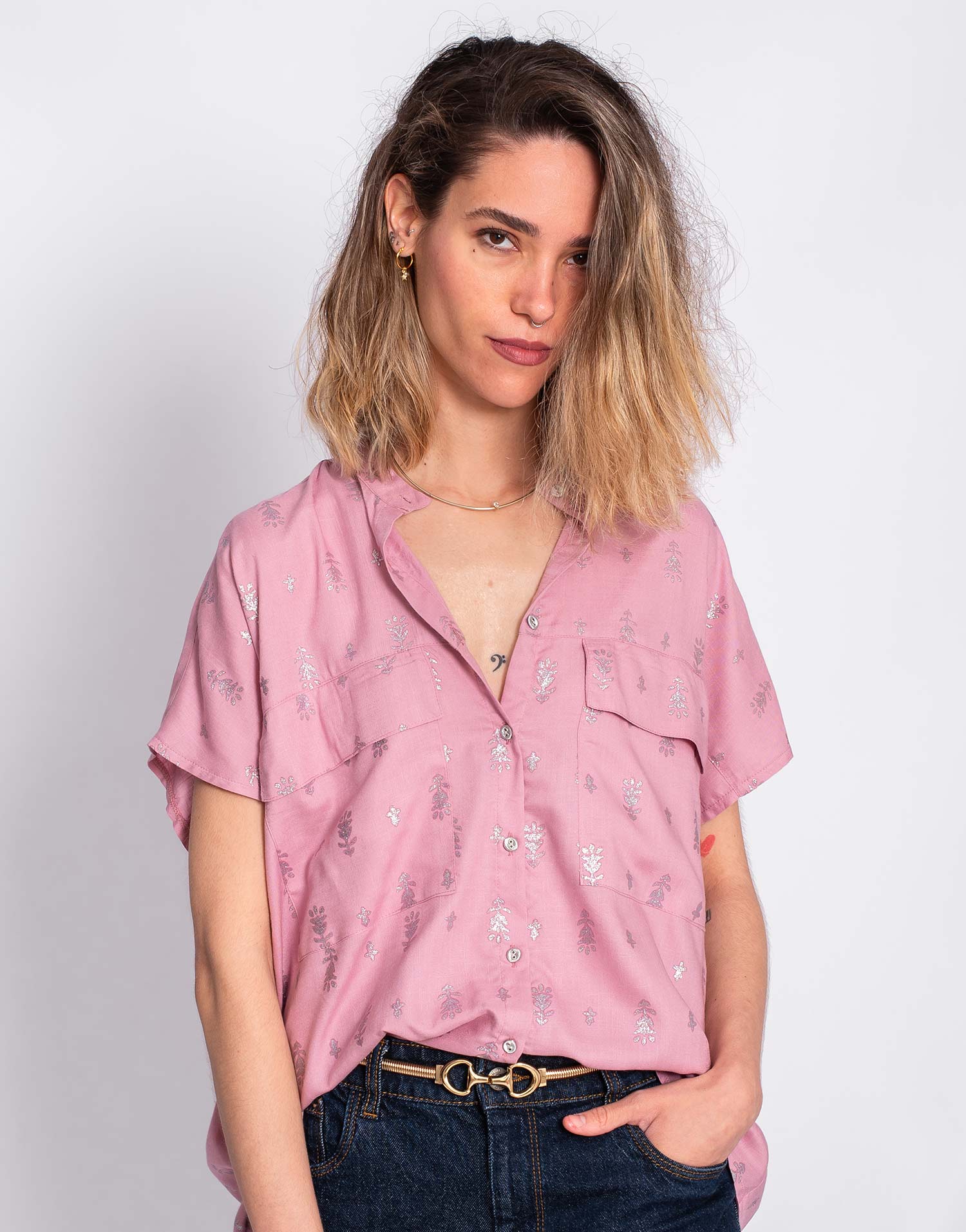 Blusa Manga Corta Malva Estampado Plata - Imagen 2